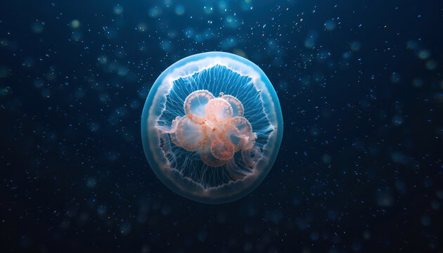 Bioluminescent jellyfish floats in dark deep ocean water with particles.