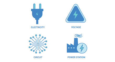 Vector illustration of electricity icons showing plug, voltage, circuit, and power station isolated on