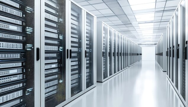Bright white data center hallway with rows of modern server cabinets featuring illuminated hardware and clean reflective flooring, highlighting IT infrastructure, idea for technology presentations
