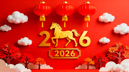 Festive chinese new year 2026 celebration featuring a golden horse lanterns clouds and trees against a vibrant red background perfect for holiday greetings and cultural events promotion