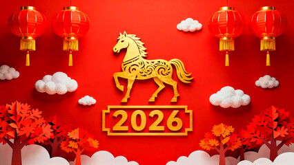 Naklejka premium Year of the Horse 2026 celebration with golden horse symbol red lanterns paper trees and fluffy clouds against a vibrant red background perfect for lunar new year festive designs and cultural events