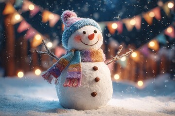 A cheerful snowman wearing a colorful scarf stands amidst softly falling snowflakes, surrounded by twinkling holiday lights, evoking a warm festive mood