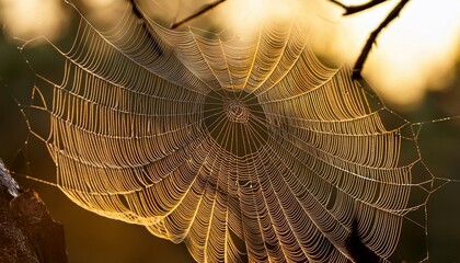 large golden orb spider web with a swirling motion in natural light