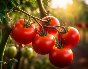 sunlit tomatoes on vine close up composition vibrant colors farm fresh concept tomato harvest agriculture tomato farming