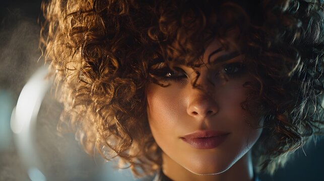 Woman with curly hair is looking at the camera. She has a nice smile and her hair is styled nicely