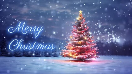 Merry Christmas Blue Cursive Text with Snowy Winter Night Landscape and Glowing Tree Holiday Animation - Powered by Adobe
