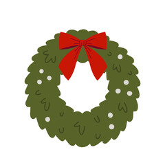 Christmas door wreath with a red bow and white berries. Winter holiday ornament. Flat vector illustration isolated on white background.