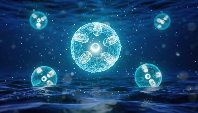 Glowing cells float on dark blue water with particles. - Powered by Adobe