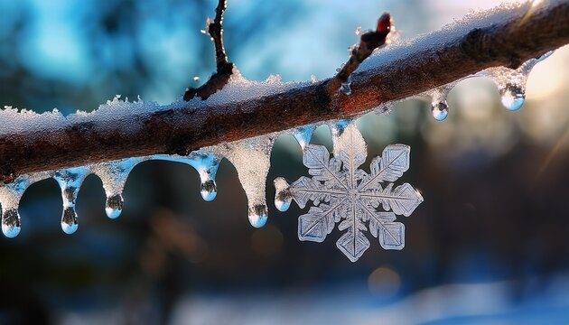 melting snowflakes on a tree branch