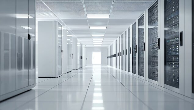 Bright white modern data center hallway with rows of clean server cabinets and reflective flooring under soft overhead lighting, highlighting IT infrastructure, idea for technology presentations