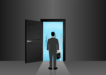 Obraz premium Businessman looking for New Opportunity Door. Business Opportunity and Career Success Concept. Vector Illustration. 