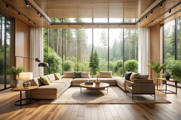 Spacious living room with forest view and modern design elements