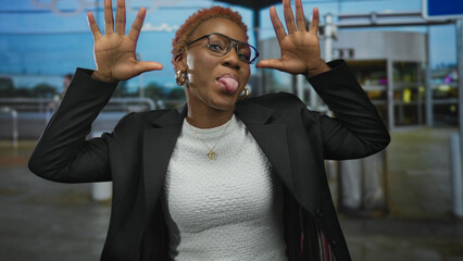 Young african american woman wearing black blazer sticks tongue out showing bare tongue at busy airport terminal; mischief.