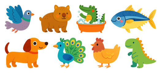 Naklejka premium PNG Colorful cartoon animal illustrations, element set on transparent background