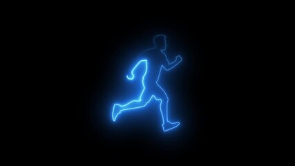 Neon man running icon animation on black background, glowing athlete silhouette, fast motion jog symbol, fitness exercise runner loop, energetic neon sport figure for health, training and activity