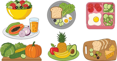 Healthy food, fresh vegetables, nutritious meals, fruit plate, salad bowl, boiled egg, whole grain bread, cheese slices, diet illustration