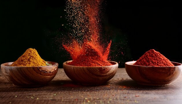 spice explosion chili peppers powders and herbs in wooden bowls photography food culinary spice photography chili powder