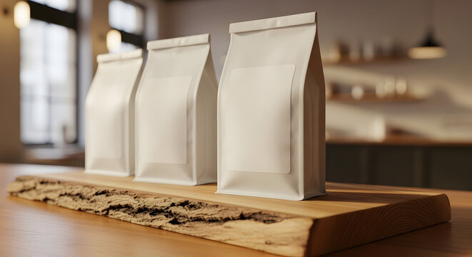 Three blank coffee bags on wooden board