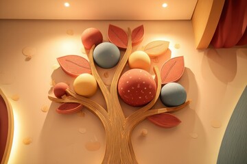 A whimsical 3D tree design featuring playful decorations, bright colors, and soft lighting, perfect for engaging children's marketing materials
