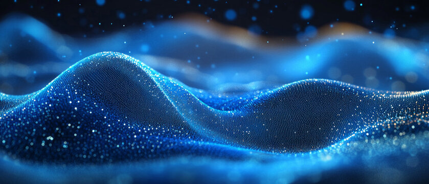 Dynamic blue waves made up of dots represent the flow of information, creating a stylish background for analytical reports and IT projects.
