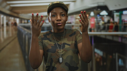 African american woman in military camo uniform and cap with dogtag necklace and hands raised to cheeks in building; surprise.