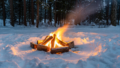 Campfire burning in a snowy forest at dusk.