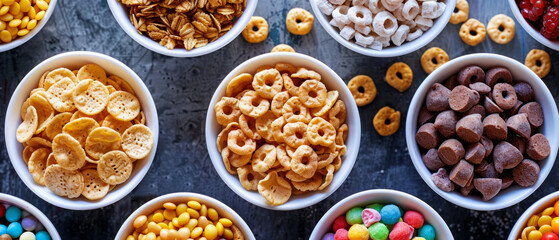 Colourful sweets in white bowls emphasise abundance and joy, creating a bright decorative backdrop for advertising food products or children's parties.