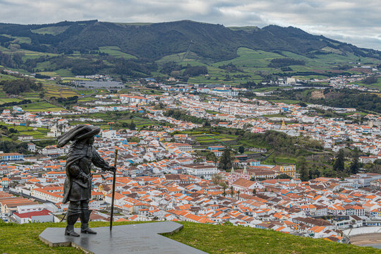 Statue of D. Afonso VI on Monte Brasil overlooking the town of Angra do Hero&iacute;smo on Terceira Island, Azores, Portugal