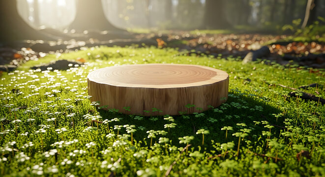 Wooden podium on a mossy forest floor with sunlight - Powered by Adobe