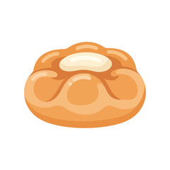 Appetizing golden-baked pastry bun featuring a smooth creamy filling, a delightful dessert icon