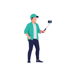 Modern person using a selfie stick with a mobile phone, actively creating digital media content for social platforms
