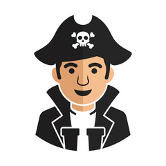 Stylized illustration of a friendly male pirate character with a classic tricorne hat and skull emblem, representing adventure and swashbuckling tales