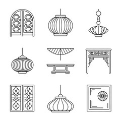 Vector collection of traditional East Asian architectural and decorative elements outline icons, representing cultural design concepts