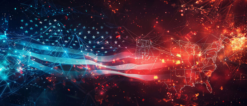 A dynamic map of the United States with digital networks and stars symbolises technological progress, decorating presentations on digitalisation as a vivid thematic background.