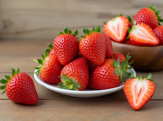 A pile of fresh, ripe strawberries, some whole and some sliced, arranged on a rustic wooden table