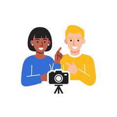 Diverse Smiling Content Creators Filming Engaging Video for Social Media and Online Platforms