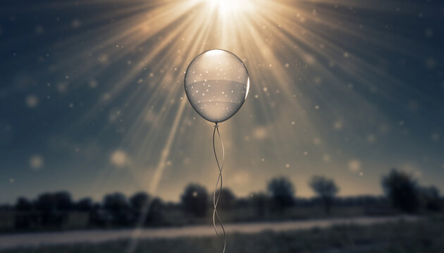 A single balloon floats under bright sunbeams and falling particles. - Powered by Adobe