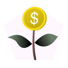 A icon financial growth or investment, a simple plant with a brown stem and dark green leaves, topped by a large golden coin featuring a white dollar sign ($) with light pink background