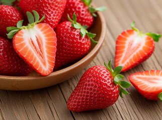 A pile of fresh, ripe strawberries, some whole and some sliced, arranged on a rustic wooden table