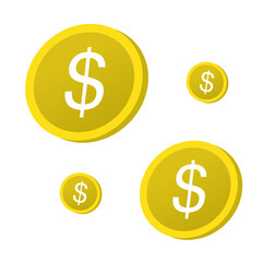 A simple, three-dimensional graphic featuring a cluster of scattered gold coins of various sizes. display a white dollar sign ($). representing currency, wealth, or financial earnings.