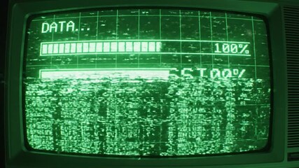 Retro computer screen displaying data transmission with green text - Powered by Adobe