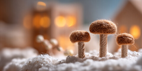 Cozy winter scene with handmade mushroom decorations in a snowy landscape, creating a warm and inviting holiday atmosphere Concept of Christmas, craft, and decoration
