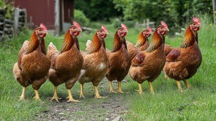 A family of red chickens on a green lawn near a country cottage emphasises the harmony between nature and domestic life, making it ideal as an atmospheric backdrop  