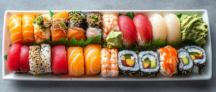 Colourful sushi on a white plate with neat green leaves showcases the sophistication of Japanese cuisine, serving as the main backdrop for culinary blogs or restaurant advertisements.