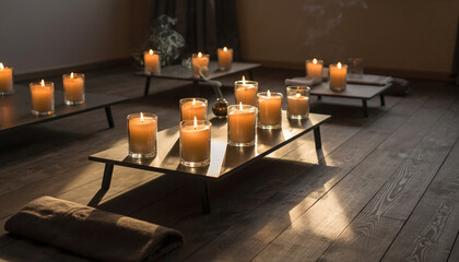 Lit candles on tables with a towel on wooden floor.