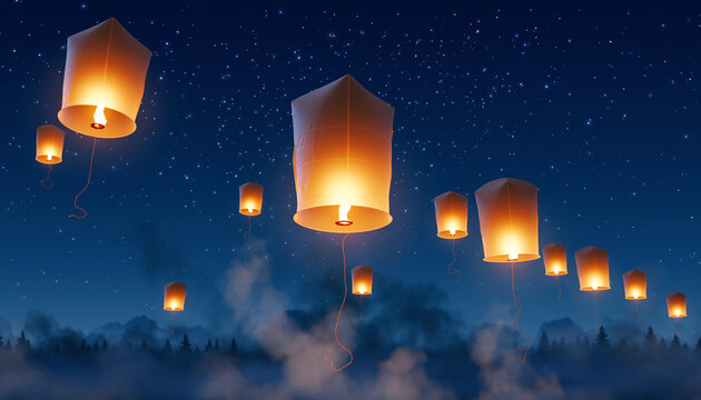 Lanterns float in a starry night sky above a misty forest.
