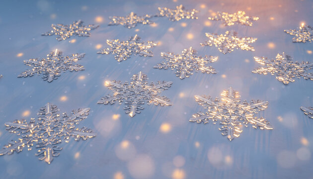 Snowflakes scattered on a light blue surface with bokeh lights. - Powered by Adobe