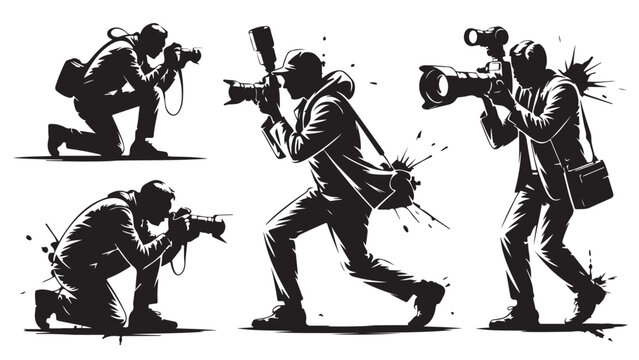 Set of photographer silhouettes in various poses capturing moments with professional cameras vector illustration isolated on white background - Powered by Adobe