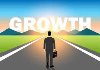 Fototapeta premium Businessman Walking on Asphalt Road toward Growth. Business Growth and Career Success Concept. Vector Illustration. 