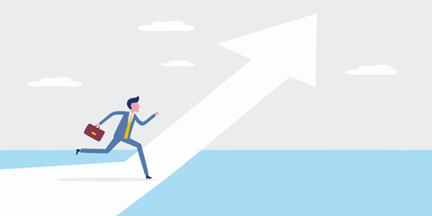 Businessman running upward arrow towards success